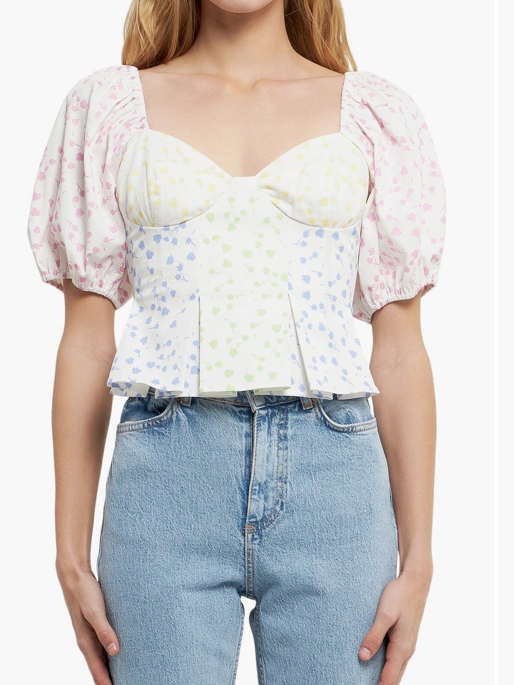 NWOT English Factory Floral Patchwork Puff Sleeve Floral Crop Top